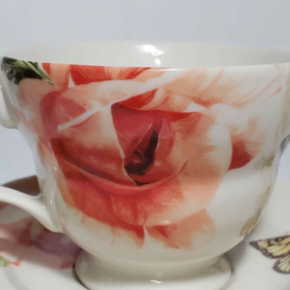 222 Fifth Teacup and Saucer Pink Flower Butterfly - Picture 4 of 10